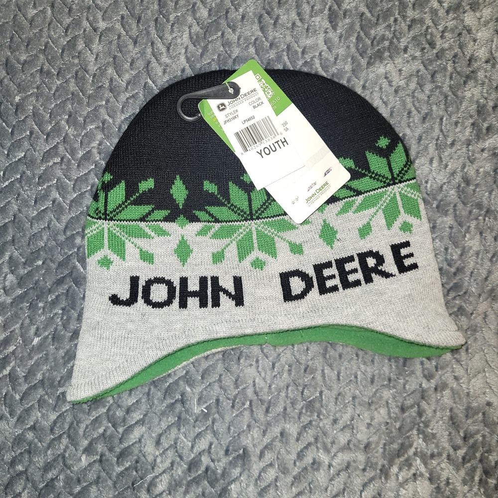 John Deere Youth Beanie Hat Black Grey Green Snowflake Fleece Lined JFH316KY NWT